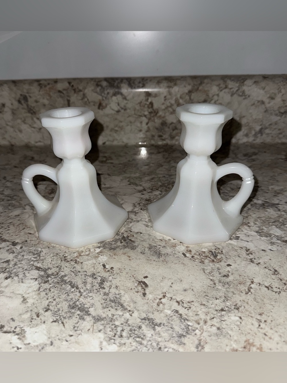 Vintage Anchor Hocking Colonial Milk Glass Handled Candle Holders - Set of 2